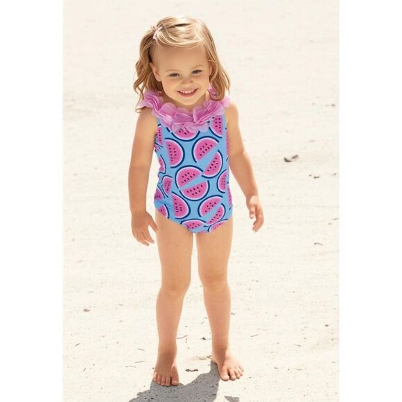 Watermelon and Ruffle Neckline Blue & Pink  Swimsuit Size 2T - Picture 1 of 8